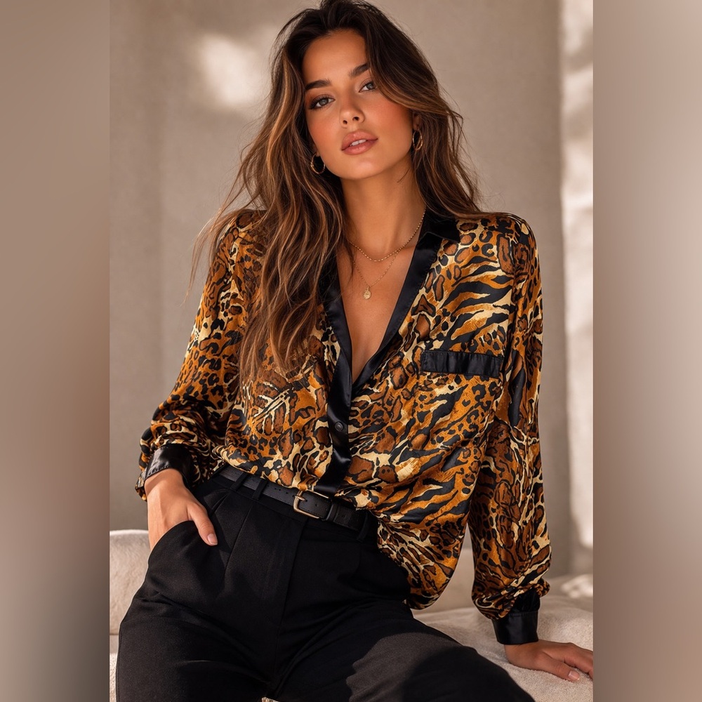 Carolina Bay Animal Print Satin Trim Button Down Blouse Leopard Tiger Brown L